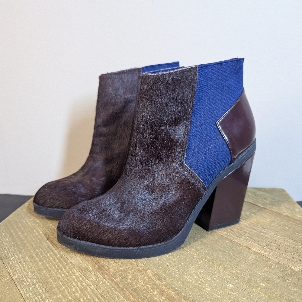 Aldo Pony Hair Ankle Boots – Burgundy & Blue Block Heel Booties Size 6.5